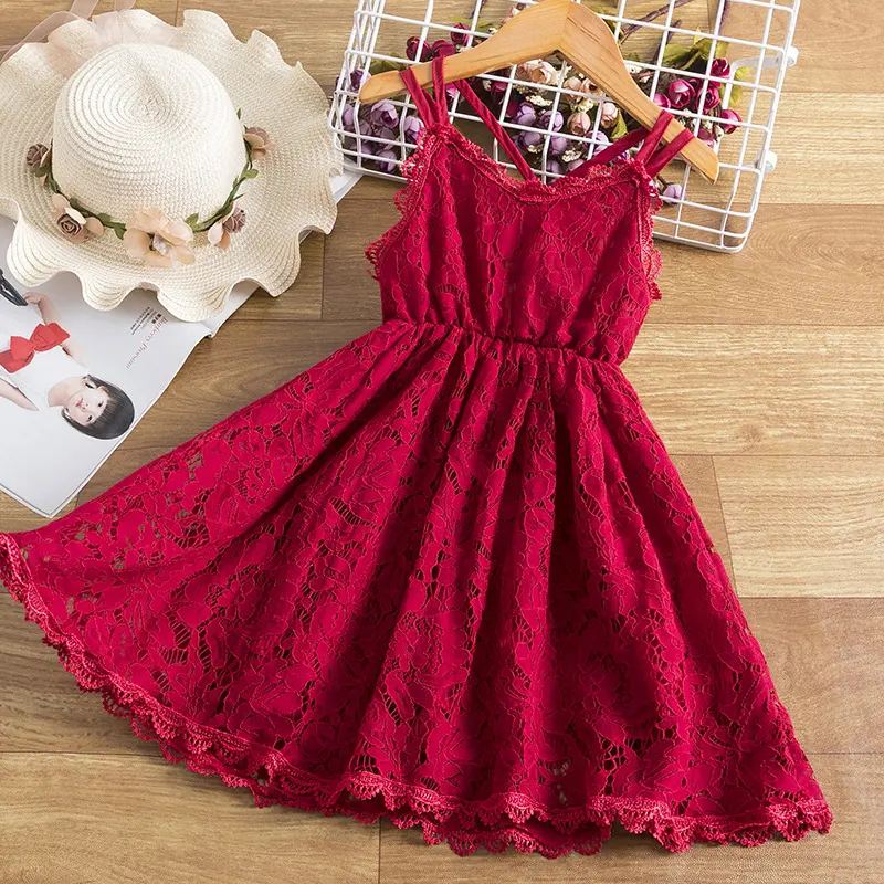 2023 Little Girl Lace Princess Summer Dress Causal Wear Strap Sleeveless Solid Color Kids Dresses Baby Clothes Children Clothing