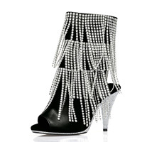 Bottines à bout ouvert pour femmes, bottines à franges d'été, chaussures de danse exotiques pour boîte de nuit, semelle entièrement ornée de strass