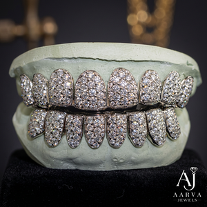Grillz dentaire personnalisé en argent 925 avec moissanite, motif nid d'abeille, coupe brillant rond, bijoux hip-hop - Product Image 1