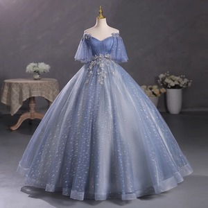 Elegant Blue Off Shoulder Tutu Gown Long Skirt Stage Performance Women's Costume Gray Blue Polyester 10-25 - Product Image 1