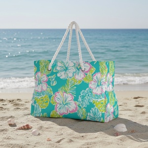 Portable Summer Oversized Flower Custom Print Nylon Fabric Women Waterproof Pool Tote Zip Closure Beach Bag With Rope Handle - Product Image 2