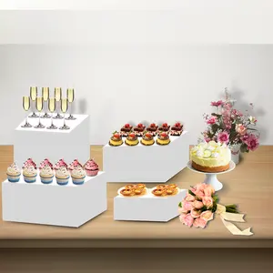Fabrik maßgeschneidert 4 Stufen Rechteck klares display Würfel Esstisch weiß Acryl Catering Buffet Rises für Lebensmittel-Vorführständer