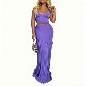 Women's New Arrival V-Neck Spaghetti Strap <b>Top</b> & Pleated Long <b>Patchwork</b> Skirt Knit Casual 2-Piece Set Fashion - Product Image 3