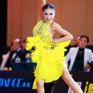 Vestido de Danza Latina Vennystyle para Niñas, Diseño Floral, para Competencia y Práctica, Nuevo, con Borlas Amarillas, Material de Spandex y Algodón, Corte Entallado, para <span class=keywords><strong>Rumba</strong></span> - Product Image 1