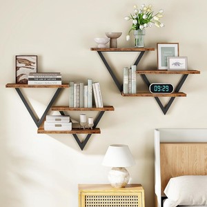 Wooden Floating <b>Shelf</b> <b>Wall</b> <b>Mounted</b> Storage Rack With Metal Frame Triangle Shape For Living Room Display - Product Image 1