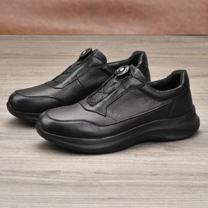 Men's Genuine Cow Leather <b>Round</b> <b>Toe</b> Walking Shoes With Buckle Anti Slippery Low <b>Heel</b> Rubber Outsole Solid Color Casual - Product Image 4
