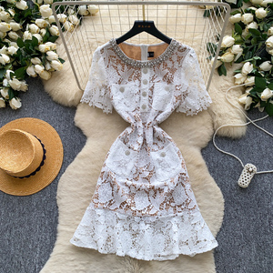 Vestido Mini Bodycon Elegante com Decoração de Strass e Manga Curta em Renda Solúvel em Água para Mulheres, Festa de Coquetel de Verão - Product Image 1