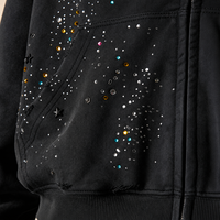 Sweat-shirt à capuche zippé noir délavé vintage pour homme, imprimé éclaboussures d'étoiles et lettres, coupe oversize courte, style streetwear
