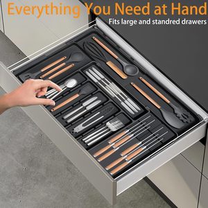 Organizador de Cubiertos Ajustable para Cocina, Caja de Plástico Negra de PP, Expandible, para Cajón, Bandeja para Utensilios de Cocina, Porta Cubiertos - Product Image 1
