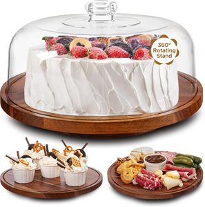 Acacia Wood Cake Display Stand with Acrylic Dome Lid 2-in-1 Rotating Cake Holder,Cake Plate Display with Cover for Baking Gifts - Product Image 1