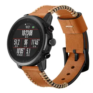 Huami Amazfit Pace交換バンド用22mmメンズレザーウォッチストラップ、Amazfit Stratosスマートレザーブレスレットウォッチ用