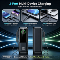 Batterie externe certifiée 3C 100W PD à charge rapide 20000mAh avec câble Type-C intégré, chargeur portable multi-appareils avec écran LED