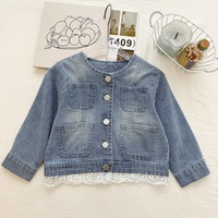 Ensemble deux pièces en jean avec bordure en dentelle, tendance automne, style coréen mignon pour filles et enfants, veste à manches longues et pantalon de jogging