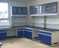 Table de travail de laboratoire sur mesure en bois et acier avec plateau en résine époxy pour la chimie, la physique et la biotechnologie