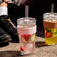 Tasse à café en verre borosilicate à double paroi sans BPA, imprimée, anti-fuite avec couvercle et paille, mug de haute qualité pour boissons froides