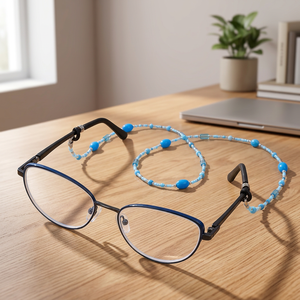 Cordon de lunettes JAUNTY bleu perlé, support flexible pour lunettes, motif floral, en polyester antidérapant, en plastique - Product Image 3