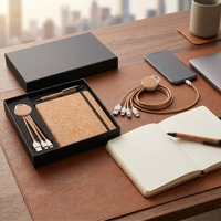 Ensemble cadeau exclusif et moderne en liège écologique : carnet, stylo, câble multifonction, pour événements d'entreprise, cadeaux clients, cadeaux de fin d'année, avec boîte personnalisée
