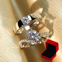Bagues de mariage ajustables en diamant pour couple, en argent, avec diamants, pour femme et homme, coffret cadeau de mariage, vente en gros