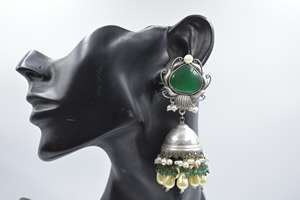 Nuevo diseño hecho a mano 2023 plata se parece a la piedra de latón Stud Big jhumka Hoop earing para niñas y mujeres - Product Image 3