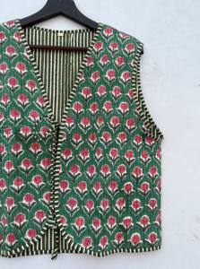 Veste matelassée en coton imprimé fleuri pour femmes faite à la main col en V avant ouvert cravate-sans manches courtes catégorie gilets pour femmes - Product Image 2
