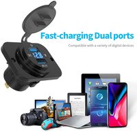 Panel Charger Soket USB Ganda QC3.0 12V dengan Holder Ponsel dan Voltmeter, Panel Mount Dual USB QC3.0 Charger Socket Voltmeter 12v