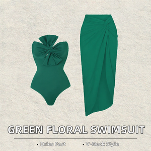 Maillot de bain une pièce vert uni pour femme avec devant torsadé et ensemble jupe sarong assortie - Product Image 2