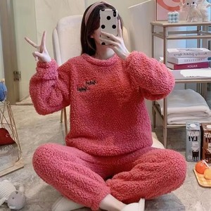 Autumn Winter Pajamas Women's Solid Color Lamb <strong>Wool</strong> Two-Piece Set Warm Ladies' Loungewear - Product Image 6