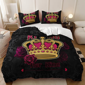 Impression numérique 3D Motif personnalisé <span class=keywords><strong>Noir</strong></span> Rouge He She Queen King Couple Mariage Literie Polyester Housse de <span class=keywords><strong>couette</strong></span> Ensemble - Product Image 5