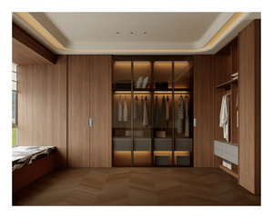 Système de dressing moderne en <span class=keywords><strong>bois</strong></span> de <span class=keywords><strong>noyer</strong></span> avec porte en verre et éclairage LED pour chambre à coucher - Product Image 1