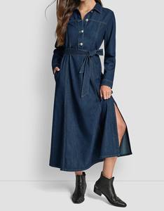 Vestido Maxi de Mezclilla Sólido con Corte en A, Mangas Largas, Cuello Alto, Aberturas Laterales, Forro de Algodón, Estilo Casual para Uso Diario, Primavera y Otoño, Tipo Halter - Product Image 1