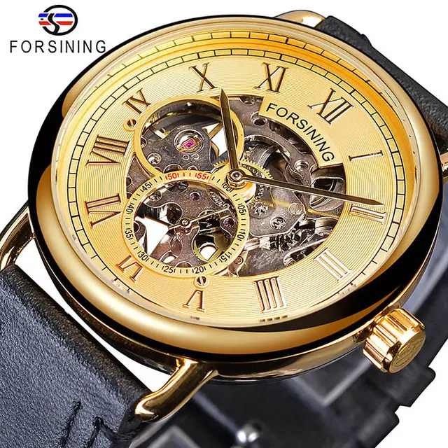 Forsining Classic Black Golden Opengewerkte Horloges Skeleton Heren Horloges Lederen Mechanische Horloges