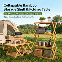 Table de pique-nique portable en bambou pour l'extérieur, étagère de cuisine pliable pour le camping avec assemblage sans outils pour le camping en famille et l'utilisation en cour.