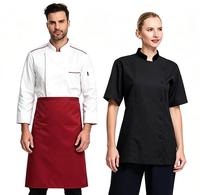 Veste de chef à col montant avec logo personnalisé et passepoil rouge, manches longues, double boutonnage, uniforme de chef pour hôtel, restauration, boulangerie, avec tablier assorti