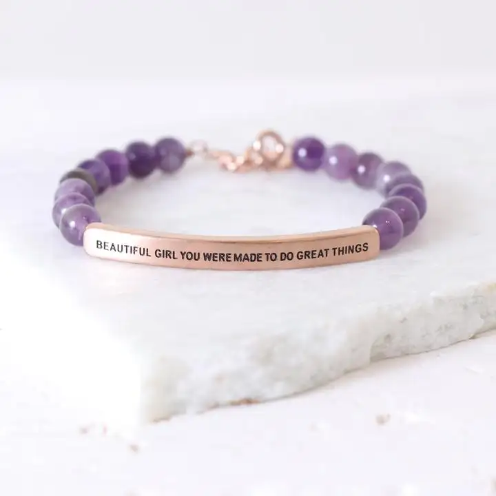 Женские фиолетовые бусины из нержавеющей стали вдохновляющие на заказ именные персонализированные изогнутые Выгравированные сообщения браслет для женщин