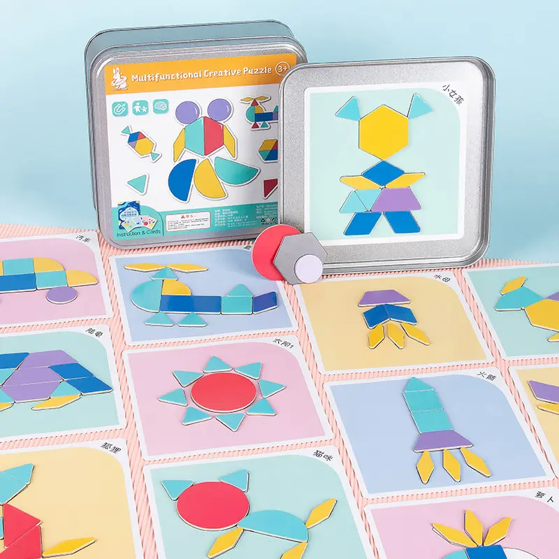 Children's wooden creative magnetic iron box educational tangram geometric shape matching puzzle