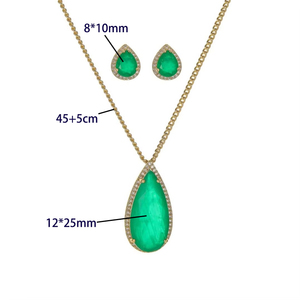 Fashion Eco-friendly Copper Teardrop Green Zircon Layered Pendant Necklace Set 18K Jewelry Gold Plated Sets for Everyday Wear - Product Image 6
