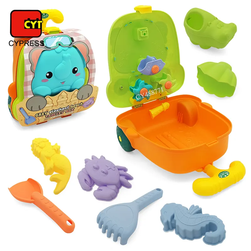 Conjunto de mala de elefante, brinquedos de praia de areia para crianças 8 peças com animais