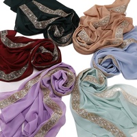 Hijab en mousseline de soie avec broderie et dentelle à sequins, foulard pour femmes musulmanes