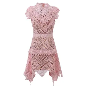 Pink Beauty Heavy Industry Embroidered Lace Slim Dress Irregular Skirt Annual Party Holiday Dress