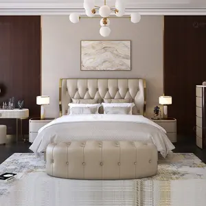 Sang Trọng Victoria Châu Âu Vàng Nút Thép Tuffted Wing Trở Lại GIƯỜNG KHUNG Từ Trung Quốc Twin Size Trắng Genier Leather Bed Room Set