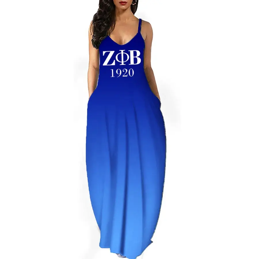 Zeta Phi Beta vestido azul ciudad ocio Correa moda impresa hermandad leche seda Falda larga sin mangas 1920 cuello en V Correa vestido