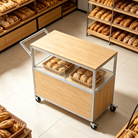 Présentoir mobile en aluminium, contreplaqué et acrylique pour boulangerie et snacks, avec roulettes