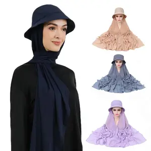 Wholesale Women Chiffon Fisherman's Hat Long Scarf Pearl Chiffon Scarf Cap Instant Hijabs Muslim Caps