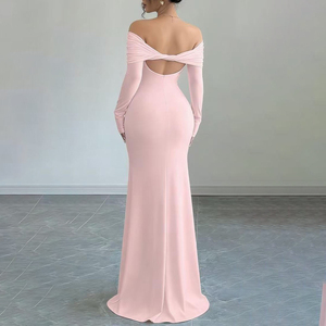Abito da sera elegante da donna, lungo fino al pavimento, monospalla, con drappeggio, vestibilità slim, in poliestere ecologico, senza schienale, per l'autunno - Product Image 6