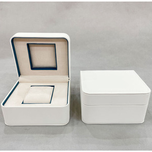 Boîte à montre de luxe en cuir PU blanc avec bordure bleue, étui de rangement et d'emballage cadeau haut de gamme pour une seule montre - Product Image 6