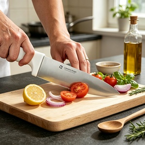 Couteau de chef professionnel simple, lame en acier inoxydable, manche en plastique blanc, finition brossée, style minimaliste, pour droitier, 6-7,9 pouces - Product Image 2