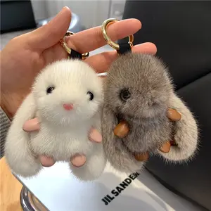 2024 mới dễ thương lông thỏ lông pompon Bunny Keychain Túi Mặt dây chuyền cho cặp vợ chồng xe đầy màu sắc móc chìa khóa trang sức quà tặng