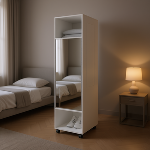 Armadio Benson in melamina con specchio e 3 ripiani aperti, ante scorrevoli, mobile da camera da letto - Product Image 2