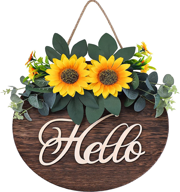 Wooden plaque Hello Sign Welcome Wreaths  with Flower for Front Door indoor  outdoor  decoration