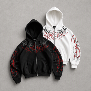 Felpa con Cappuccio e Zip Personalizzata con Stampa Grafica a Ragnatela, <span class=keywords><strong>Abbigliamento</strong></span> Uomo, Felpe Streetwear con Polsini a Costine, OEM ODM Vendita all'Ingrosso - Product Image 1